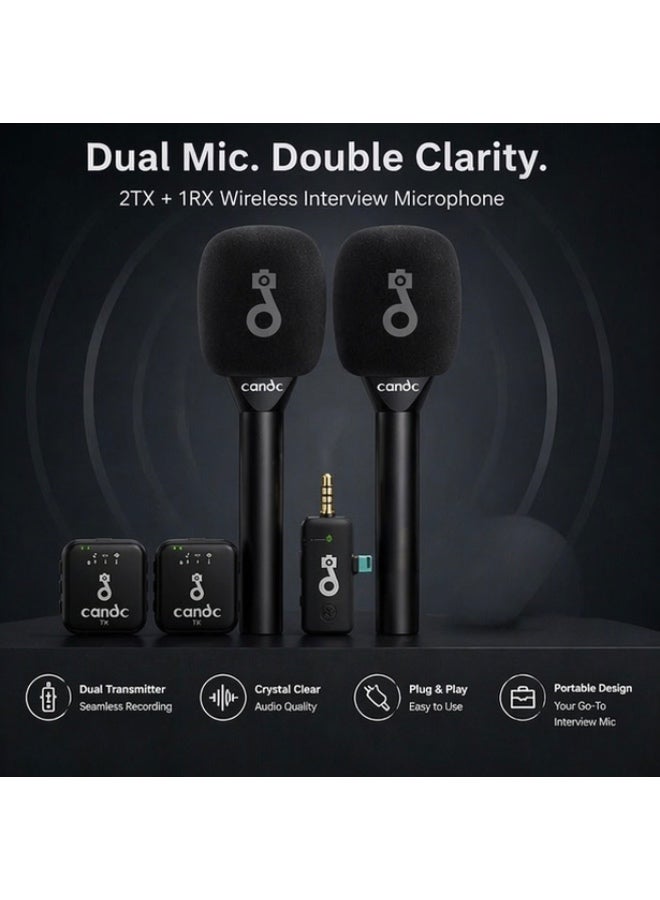 كاند سي مايكروفون مقابلات لاسلكي مزدوج candc (2 مرسل + 1 مستقبل) – صوت نقي وسهل الاستخدام للهواتف الذكية - Image 4