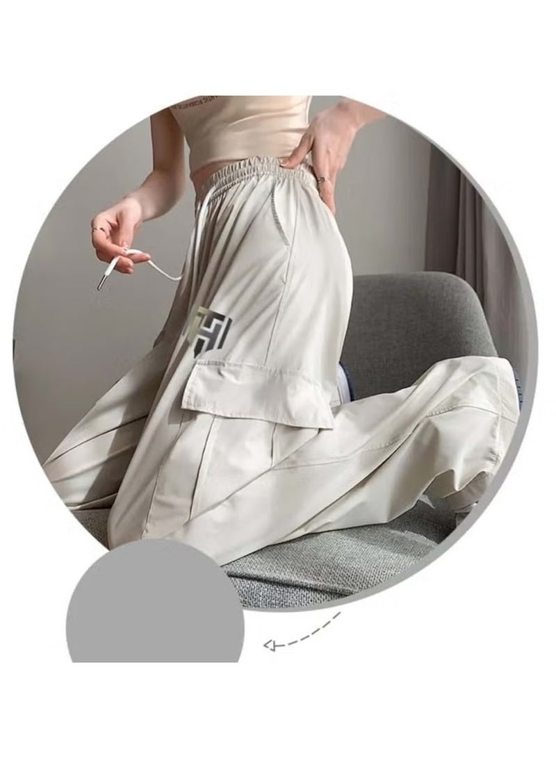 Huitich Women's Ice Silk Wide-Leg Pants High Waist, Loose Fit, Light Grey Size M - Image 3