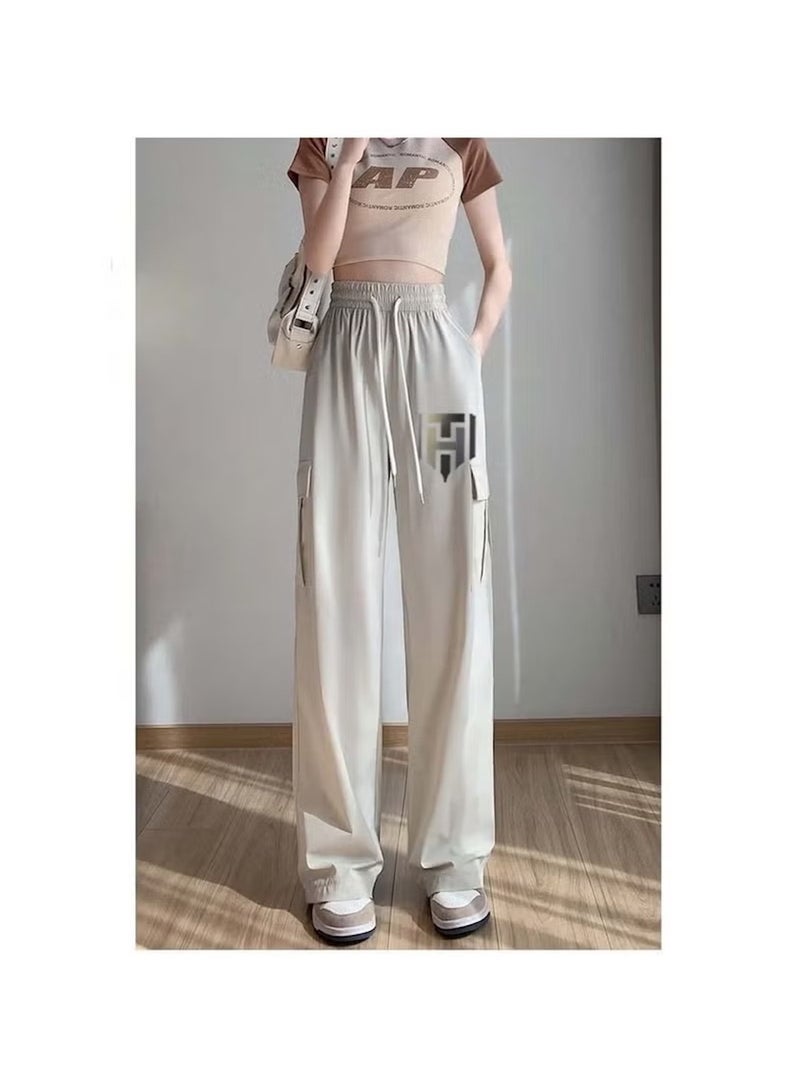 Huitich Women's Ice Silk Wide-Leg Pants High Waist, Loose Fit, Light Grey Size M - Image 2