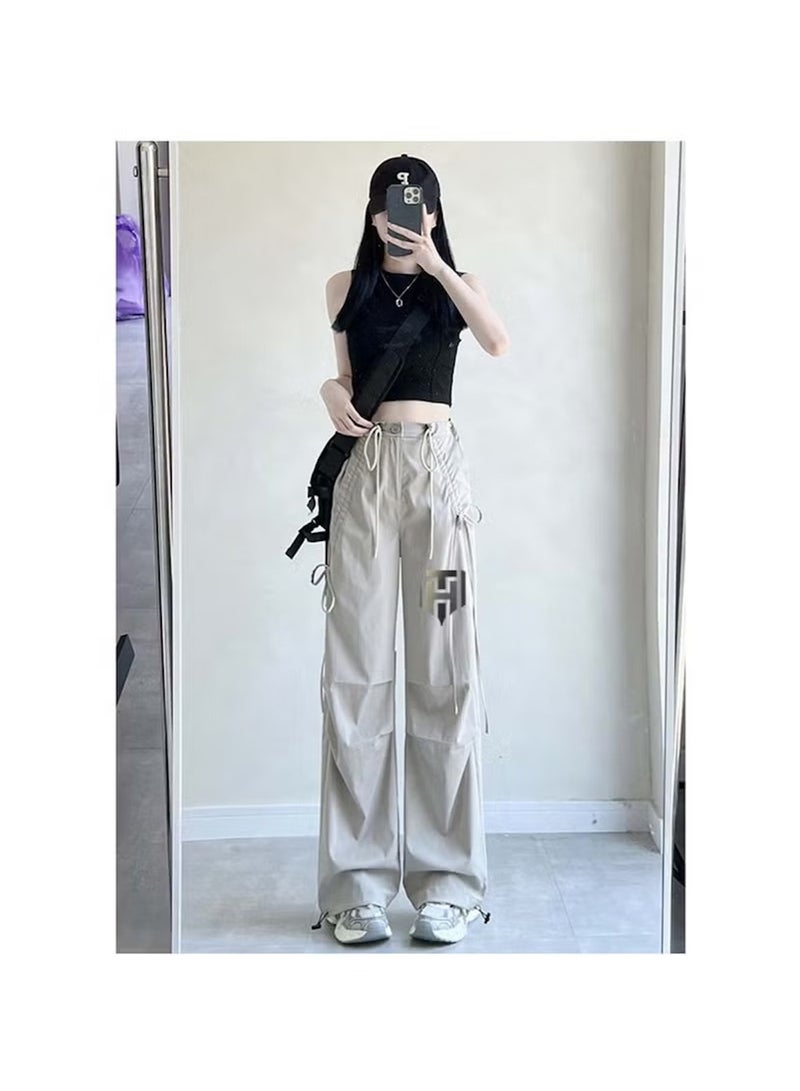 Huitich Women's Ice Silk Wide-Leg Pants High Waist, Loose Fit, Light Grey Size M - Image 4