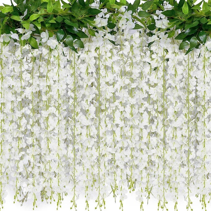 2 PACK 20 BRANCHES WISTERIA HANGING FLOWERS 6 FEET ARTIFICIAL WHITE WISTERIA VINE SILK FLOWERS GARLAND FOR WEDDING ARCH PARTY GARDEN HOME DECOR WHITE