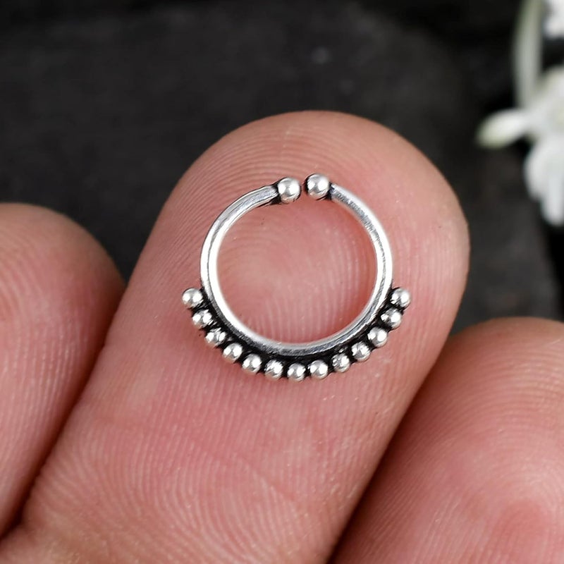 NEMICHAND JEWELS خاتم أنف حلقي من الفضة الإسترلينية 925 / حلقة أنف / دبوس أنف / كوف أذن / قابلة للتثبيت / (قطعة واحدة) - لأنف غير مثقوب - Image 5