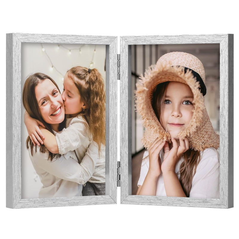 ORIVAN 5x7 Double Picture Frames Hinged Folding Photo Frames Vertical Stand Frames (Silver) - Image 1