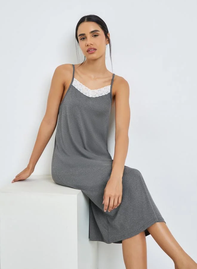 Styli Grey Contrast Lace Melange Slip Dress