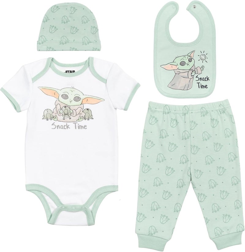 Starwars Mandalorian The Child Baby Boys Layette Set: Bodysuit Pants Bib Hat - Image 1