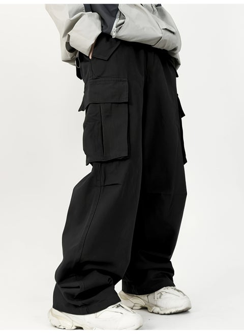 بنطلون رجالي أسود واسع الساق بجيوب متعددة وأزرار وبنطلون كاجوال