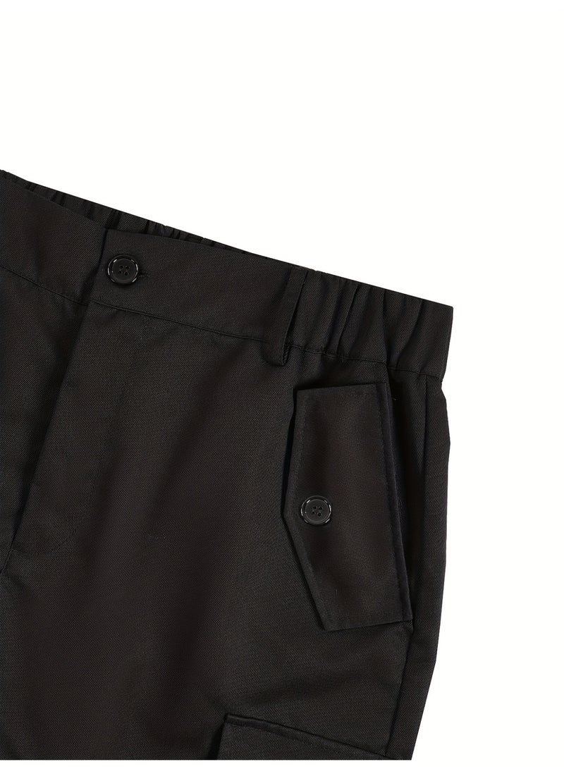 Men's Black Oversized Cargo Pants Button Fly Multi Pocket Wide Leg Streetwear Trousers image 8