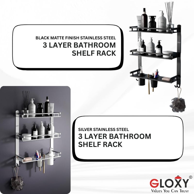 GLOXY Stainless Steel 3 Layer Bathroom Shelf Rack with Black Matte Finish - Wall Mount Bathroom Accessories Rack with Soap Dish, Handwash Liquide Dispenser & Tumbler Holder Hooks - Image 5