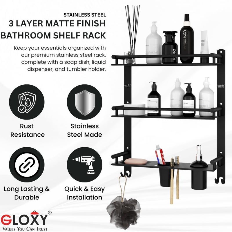 GLOXY Stainless Steel 3 Layer Bathroom Shelf Rack with Black Matte Finish - Wall Mount Bathroom Accessories Rack with Soap Dish, Handwash Liquide Dispenser & Tumbler Holder Hooks - Image 3