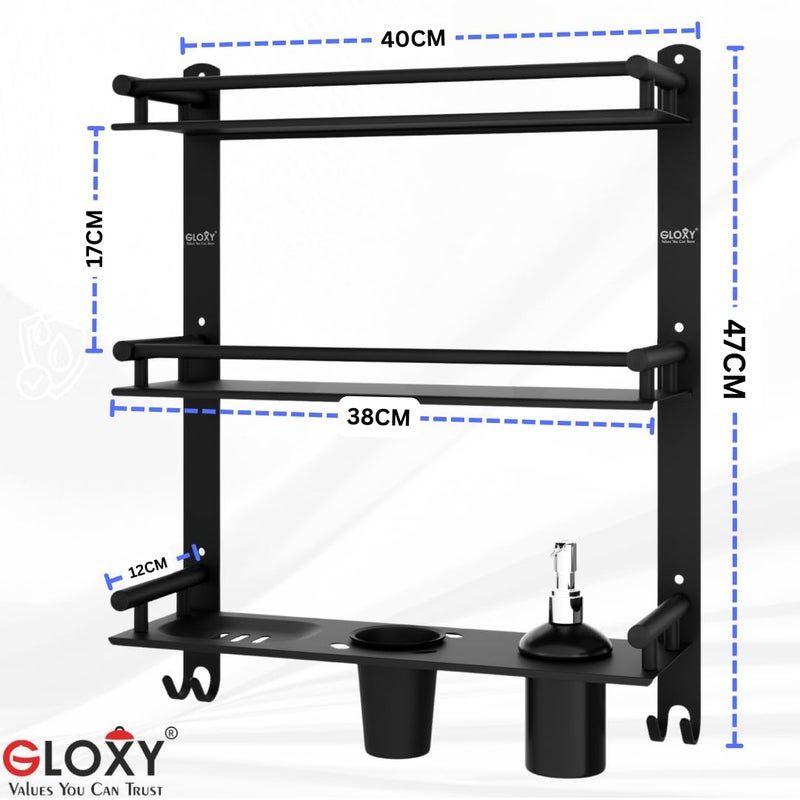 GLOXY Stainless Steel 3 Layer Bathroom Shelf Rack with Black Matte Finish - Wall Mount Bathroom Accessories Rack with Soap Dish, Handwash Liquide Dispenser & Tumbler Holder Hooks - Image 2