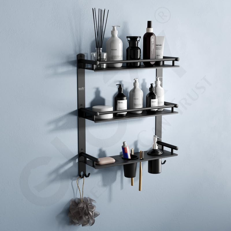 GLOXY Stainless Steel 3 Layer Bathroom Shelf Rack with Black Matte Finish - Wall Mount Bathroom Accessories Rack with Soap Dish, Handwash Liquide Dispenser & Tumbler Holder Hooks - Image 1
