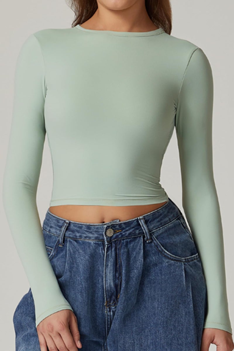 QINSEN Double Lined Fitted Top for Women Round Neck Long Sleeve Slim Fit Shirts Backless Tees Smoke Green S - Image 2