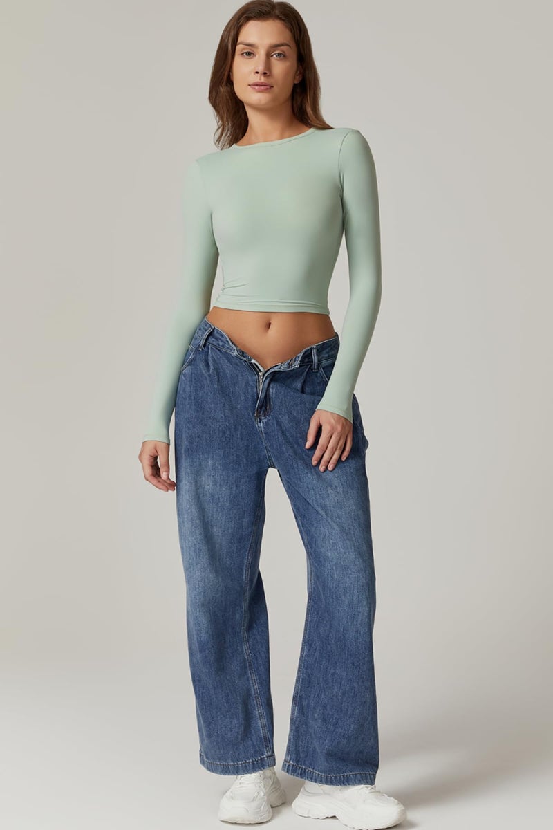 QINSEN Double Lined Fitted Top for Women Round Neck Long Sleeve Slim Fit Shirts Backless Tees Smoke Green S - Image 3