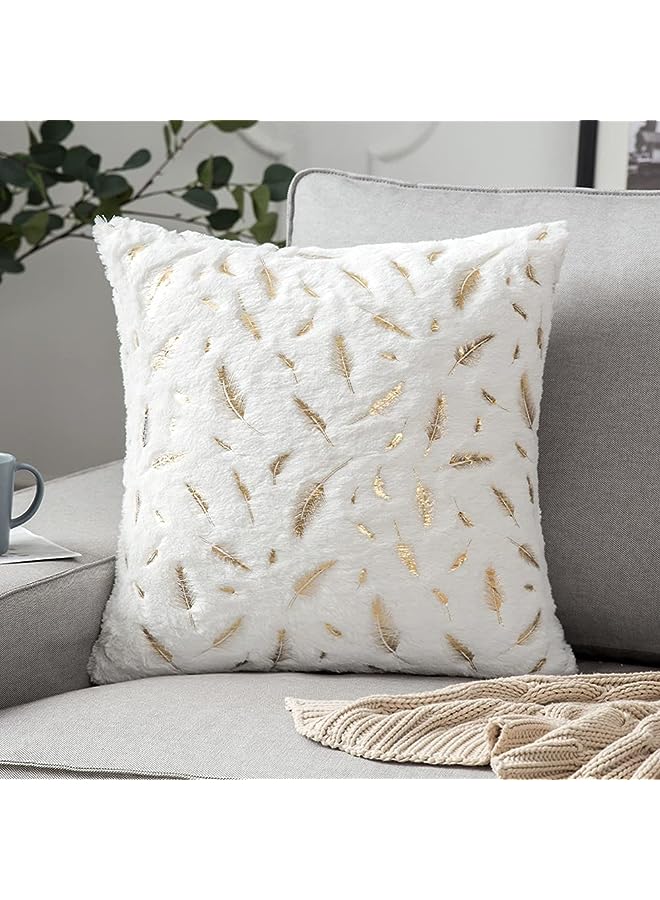 IAF Decorative Faux Fur Pillow Cover with Feather Pattern for Home Décor, Square Cushion Case 45X45 cm suitable for Sofa, Beds, Chairs, etc. set of 2 (White) - Image 1