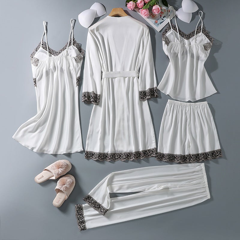 Women's Lace Sleepwear 5-Piece Silk Set - Image 4