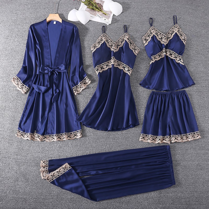 Women's Lace Sleepwear 5-Piece Silk Set - Image 1