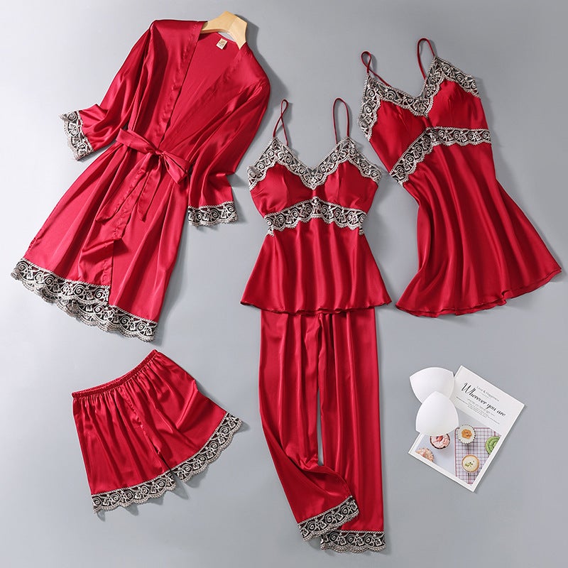 Women's Lace Sleepwear 5-Piece Silk Set - Image 3