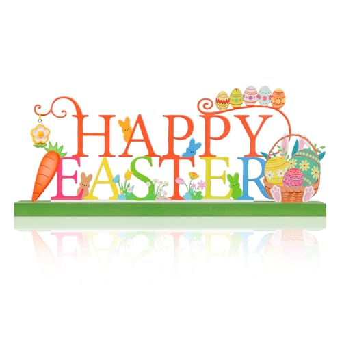KHJCXS Metal Holiday Table Sign Decor, Decorations Tabletop Centerpiece for Home, Office, Shelf, Tiered Tray, Mantel, Indoor, Happy Easter - Image 1
