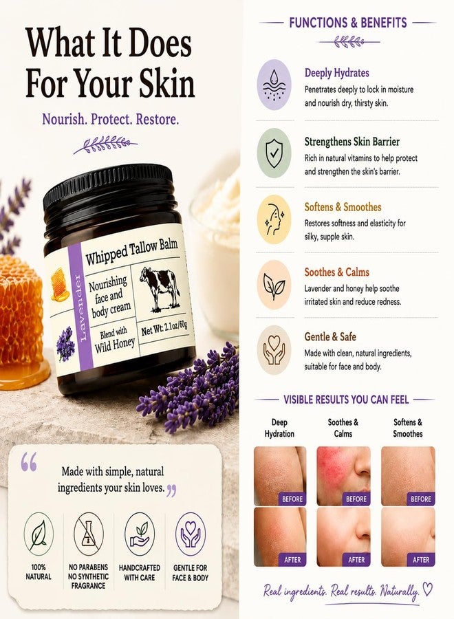 URQT Whipped Tallow Balm - Organic Grass-Fed Beef Tallow for Skin with Honey & Lavender - Deeply Moisturizing Natural Skin Care for Face & Body - Soft & Supple - Image 4