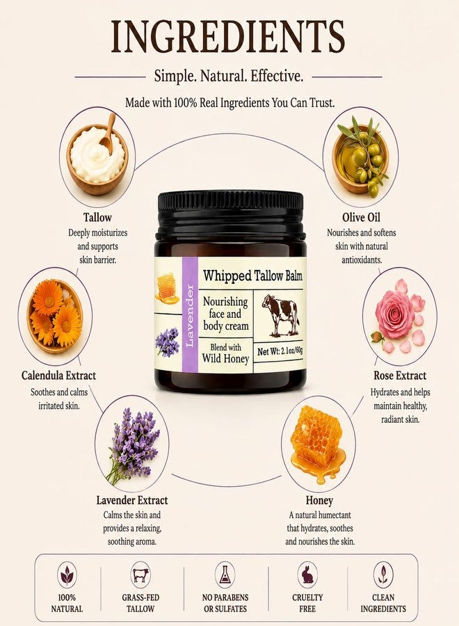 URQT Whipped Tallow Balm - Organic Grass-Fed Beef Tallow for Skin with Honey & Lavender - Deeply Moisturizing Natural Skin Care for Face & Body - Soft & Supple - Image 3