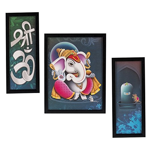 Indianara 3 PC Set of Ganesha Paintings Without Glass 5.2 X 12.5, 9.5 X 12.5, 5.2 X 12.5 inch - Image 1
