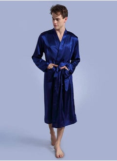 NIBEMINENT Solid Belted Night Robe Dark Blue  - Image 2