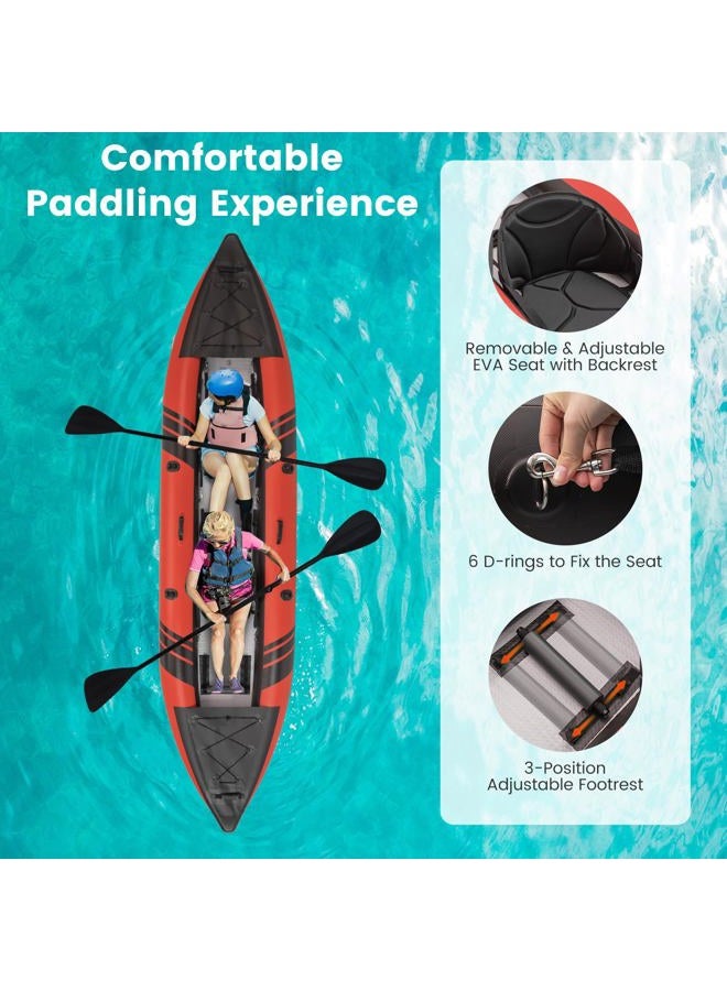 GYMAX Inflatable Kayak, 12.5Ft 507lbs Tandem Kayak with 2 Aluminum Paddles, 2 Padded Seats, Footrests, 2 Fins, Hand Pump, Carry Bag & Repair Kit, 2 Person Fishing Touring Kayak for Adults Youth (Red) - Image 3