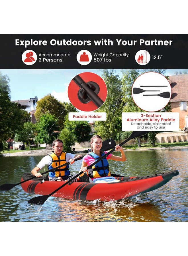 GYMAX Inflatable Kayak, 12.5Ft 507lbs Tandem Kayak with 2 Aluminum Paddles, 2 Padded Seats, Footrests, 2 Fins, Hand Pump, Carry Bag & Repair Kit, 2 Person Fishing Touring Kayak for Adults Youth (Red) - Image 2