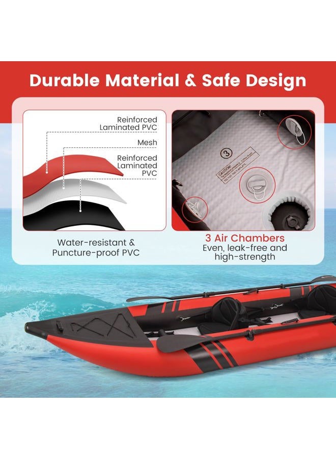 GYMAX Inflatable Kayak, 12.5Ft 507lbs Tandem Kayak with 2 Aluminum Paddles, 2 Padded Seats, Footrests, 2 Fins, Hand Pump, Carry Bag & Repair Kit, 2 Person Fishing Touring Kayak for Adults Youth (Red) - Image 4