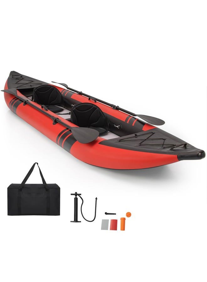 GYMAX Inflatable Kayak, 12.5Ft 507lbs Tandem Kayak with 2 Aluminum Paddles, 2 Padded Seats, Footrests, 2 Fins, Hand Pump, Carry Bag & Repair Kit, 2 Person Fishing Touring Kayak for Adults Youth (Red) - Image 1