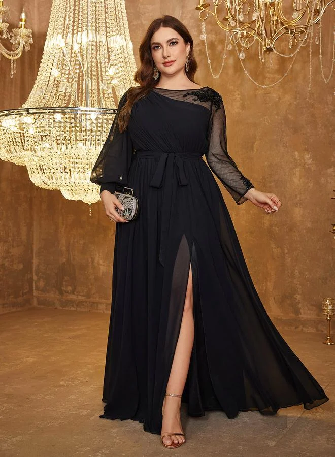 Supgir Plus Size Black Beads Embellished A-Line Chiffon Maxi Dress