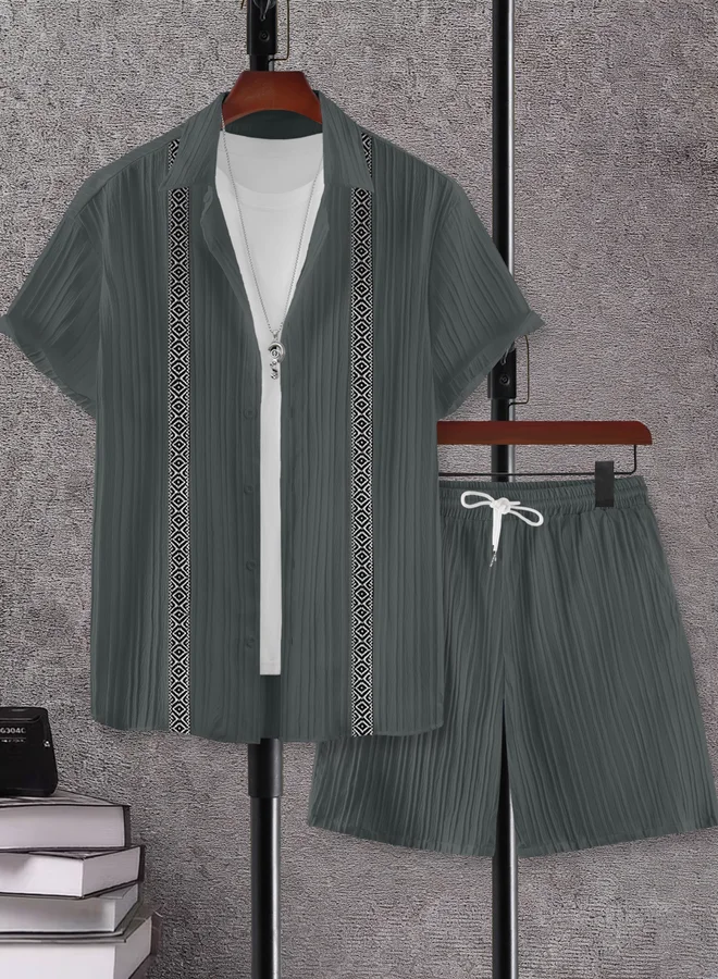 Take Two Men Charcoal Jacquard Detail Short Sleeve Button Front Shirt and Shorts Co-Ords