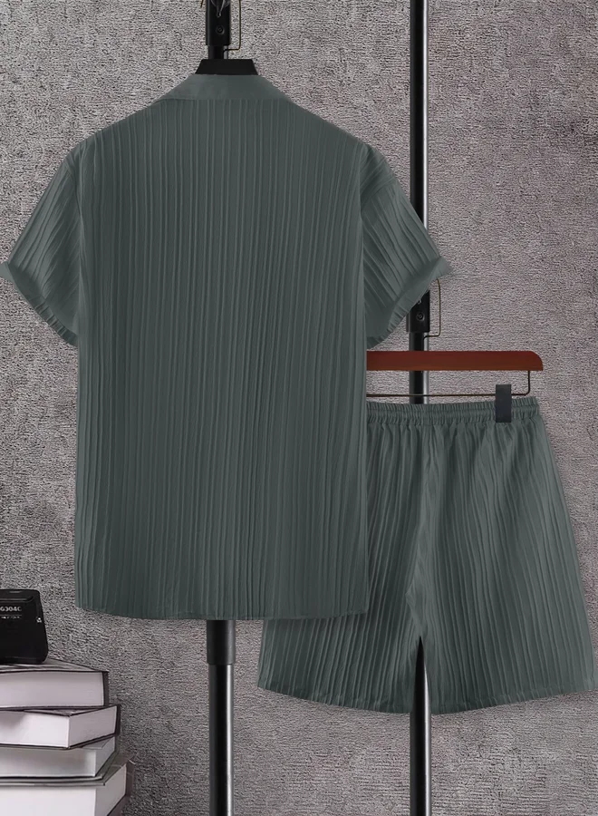 Take Two Men Charcoal Jacquard Detail Short Sleeve Button Front Shirt and Shorts Co-Ords