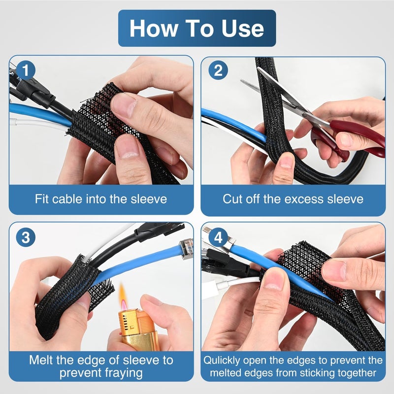 Nilight Cable Sleeve, 25ft-1/2inch Cable Management Sleeves, Braided Cable Sleeving, Split Self Wrapping Wire Loom for Computer Cable Electrical Wire Automotive Harness Protector Organizer, Black - Image 4