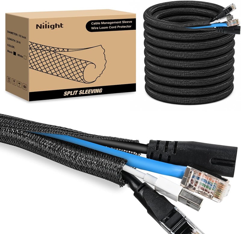 Nilight Cable Sleeve, 25ft-1/2inch Cable Management Sleeves, Braided Cable Sleeving, Split Self Wrapping Wire Loom for Computer Cable Electrical Wire Automotive Harness Protector Organizer, Black - Image 1
