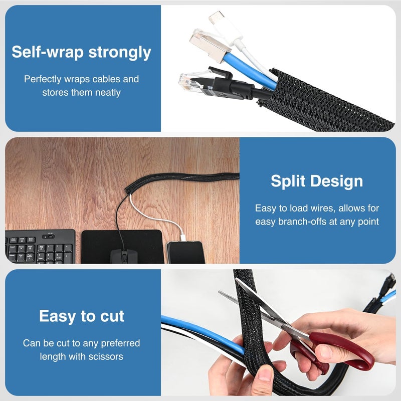 Nilight Cable Sleeve, 25ft-1/2inch Cable Management Sleeves, Braided Cable Sleeving, Split Self Wrapping Wire Loom for Computer Cable Electrical Wire Automotive Harness Protector Organizer, Black - Image 3