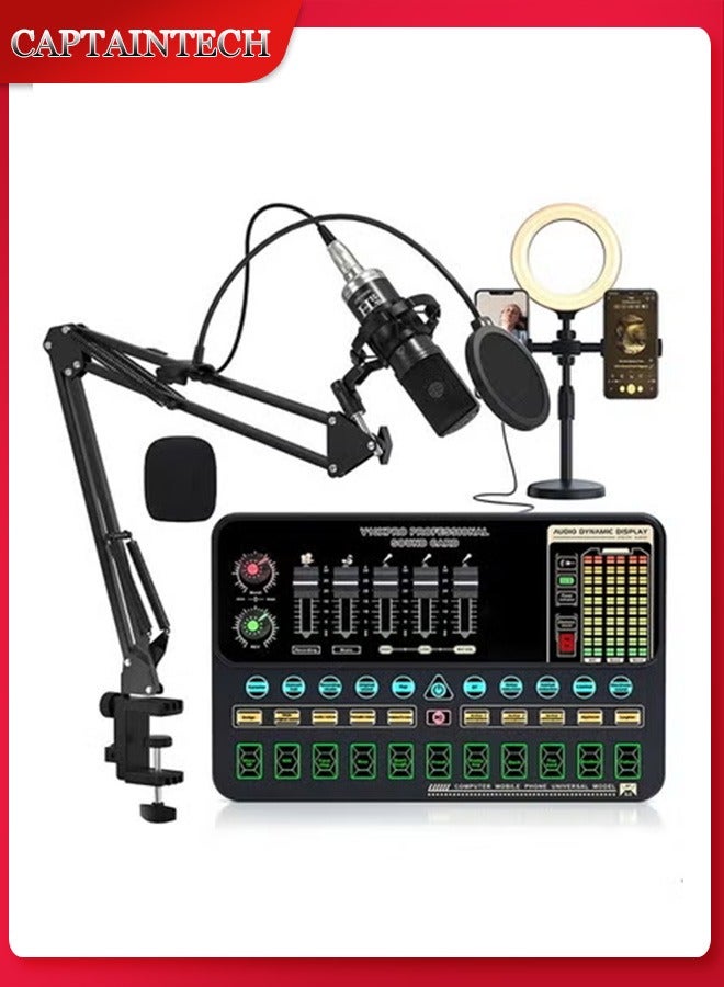 Captaintech Sound Card Microphone Podcast Package,Live Broadcast Equipment with Ring Light/Recording Studio for Live Streaming/Suitable for Podcasting/Live Broadcasting/Singing/PC/Mobile/TikTok/YouTube 