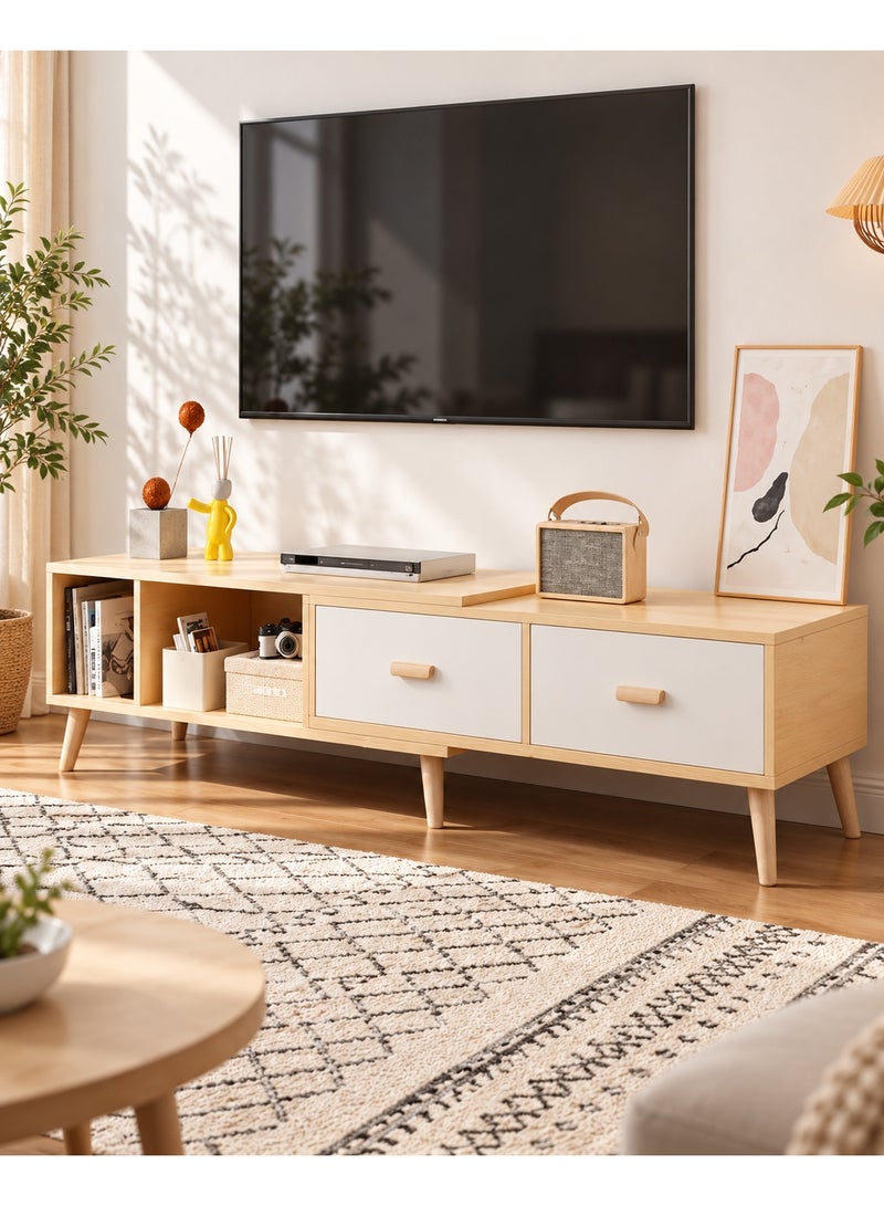C&C Home Wooden TV Console Table Adjustable Length TV Stand Cabinet with Solid Wood Legs Brown - Image 1
