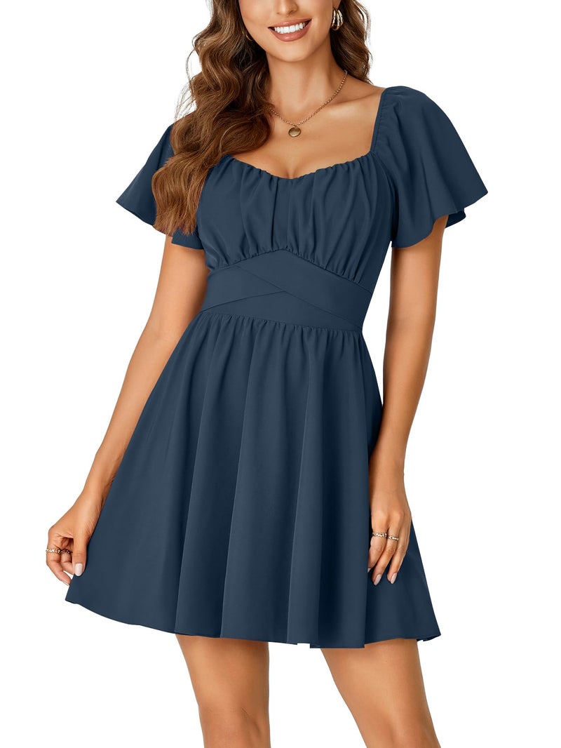 Rooscier Women's Tie Back Square Neck Wrap Ruffle Short Sleeve Flare Mini Dress Navy Blue X-Small - Image 2