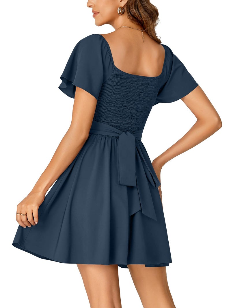 Rooscier Women's Tie Back Square Neck Wrap Ruffle Short Sleeve Flare Mini Dress Navy Blue X-Small - Image 5