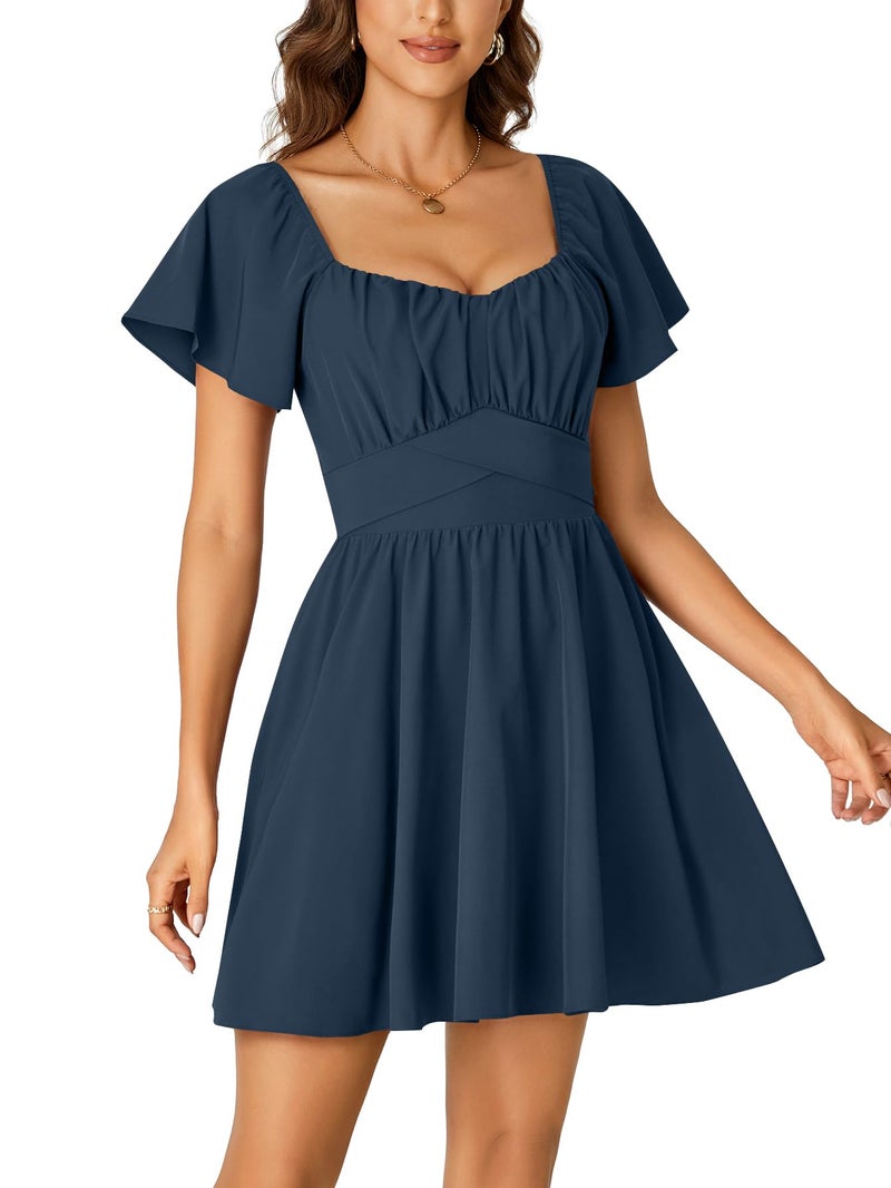 Rooscier Women's Tie Back Square Neck Wrap Ruffle Short Sleeve Flare Mini Dress Navy Blue X-Small - Image 4