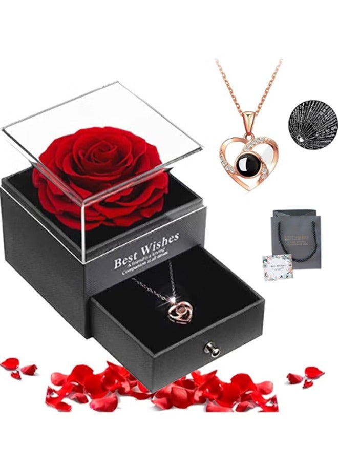 Preserved Flowers with Necklace Gift Box - Forever Red Rose with I Love You Necklace for Mom/Daughter/Girlfriend/Wife on Anniversary/Wedding/Birthday/Birthday - Image 1