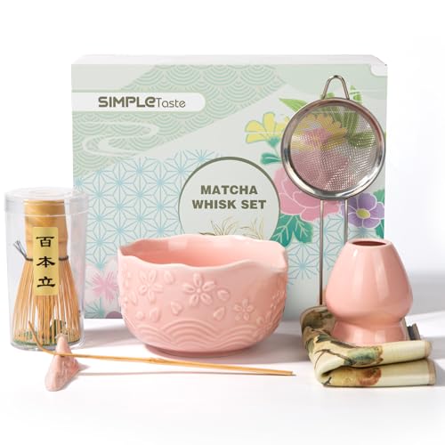 SIMPLETaste Matcha Whisk Set, 7 Pcs Ceramic Matcha Kit Includes Bowl, Whisk and Holder, Bamboo Scoop, Scoop Rest, Sifter and Tea Towel - Matcha Kit for Macha Lovers (Pink) - Image 1