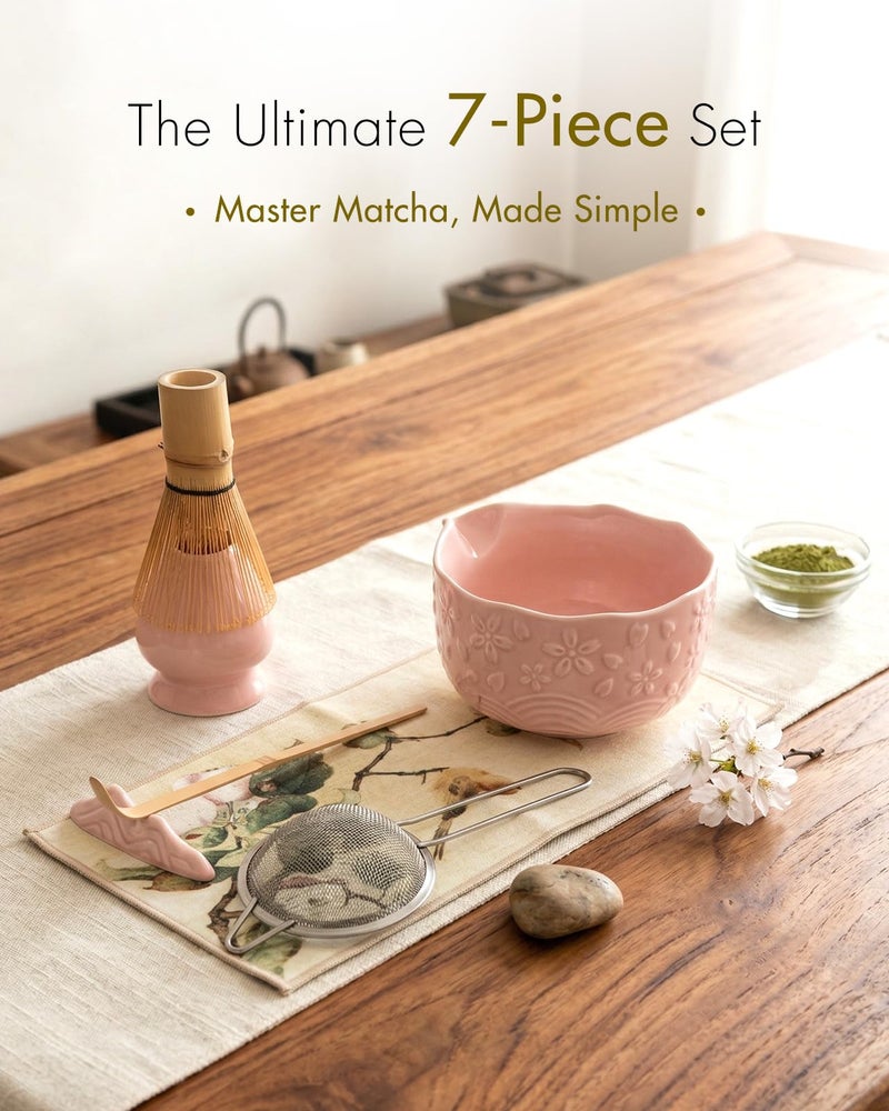 SIMPLETaste Matcha Whisk Set, 7 Pcs Ceramic Matcha Kit Includes Bowl, Whisk and Holder, Bamboo Scoop, Scoop Rest, Sifter and Tea Towel - Matcha Kit for Macha Lovers (Pink) - Image 2