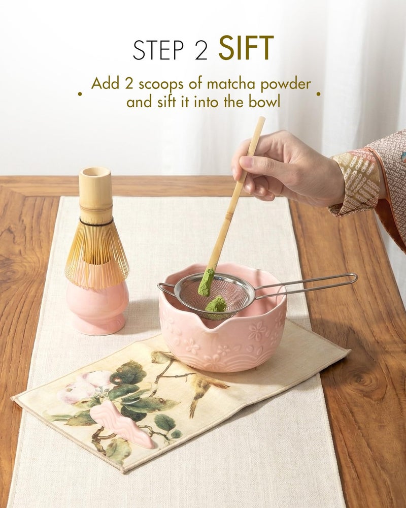 SIMPLETaste Matcha Whisk Set, 7 Pcs Ceramic Matcha Kit Includes Bowl, Whisk and Holder, Bamboo Scoop, Scoop Rest, Sifter and Tea Towel - Matcha Kit for Macha Lovers (Pink) - Image 4