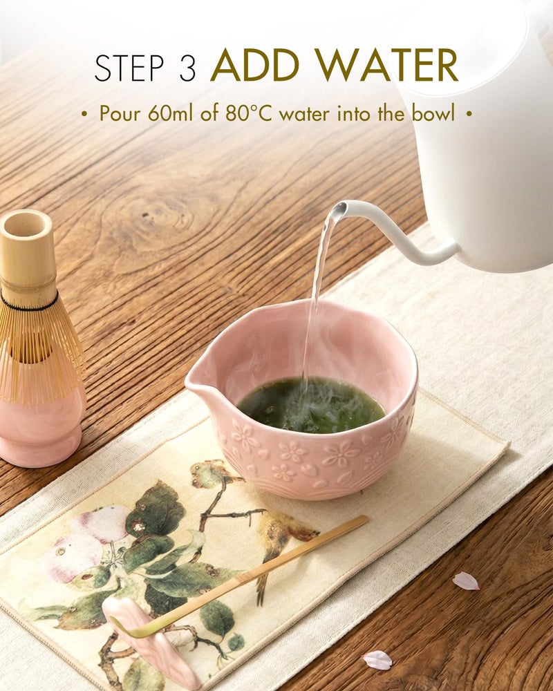 SIMPLETaste Matcha Whisk Set, 7 Pcs Ceramic Matcha Kit Includes Bowl, Whisk and Holder, Bamboo Scoop, Scoop Rest, Sifter and Tea Towel - Matcha Kit for Macha Lovers (Pink) - Image 5