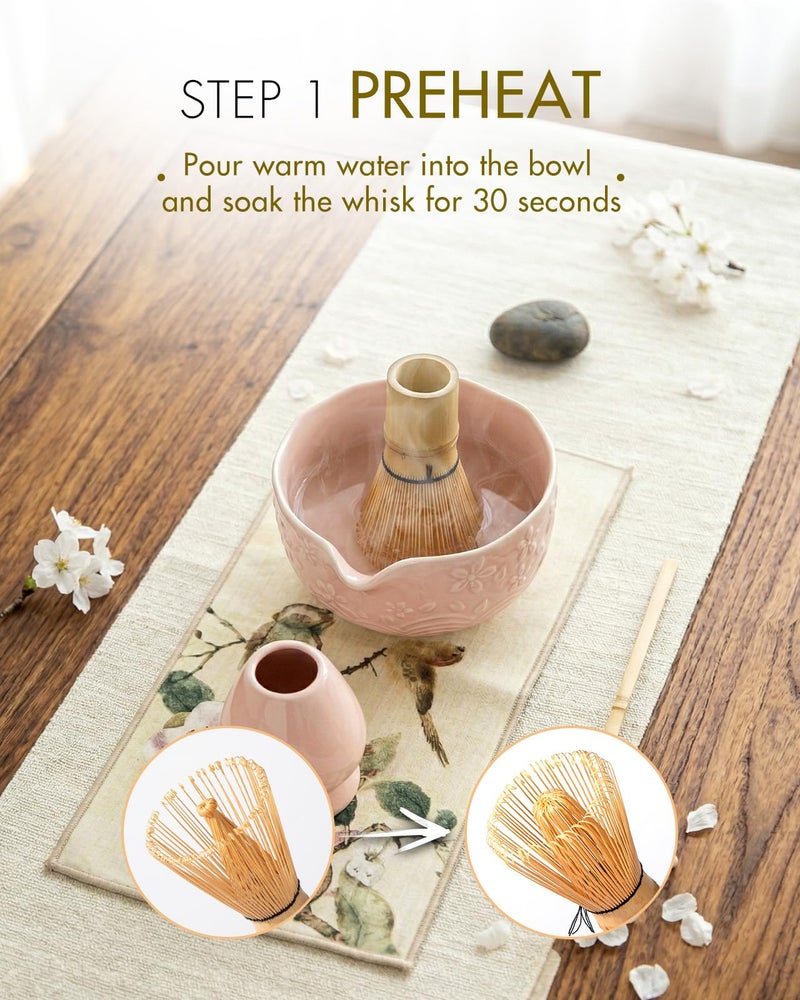 SIMPLETaste Matcha Whisk Set, 7 Pcs Ceramic Matcha Kit Includes Bowl, Whisk and Holder, Bamboo Scoop, Scoop Rest, Sifter and Tea Towel - Matcha Kit for Macha Lovers (Pink) - Image 3
