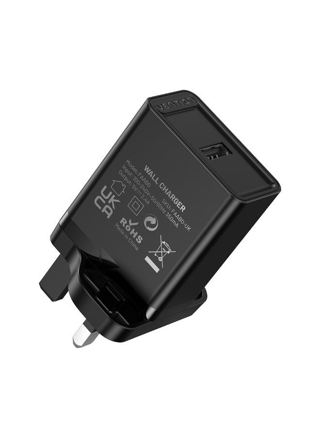 فينشن شاحن حائط VENTION بمنفذ USB واحد (12 وات) - قابس المملكة المتحدة - أسود - رقم الموديل FAAB0-UK  - Image 1