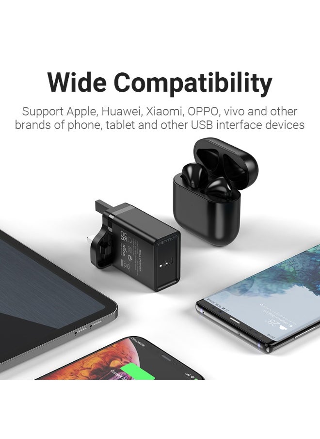 فينشن شاحن حائط VENTION بمنفذ USB واحد (12 وات) - قابس المملكة المتحدة - أسود - رقم الموديل FAAB0-UK  - Image 5