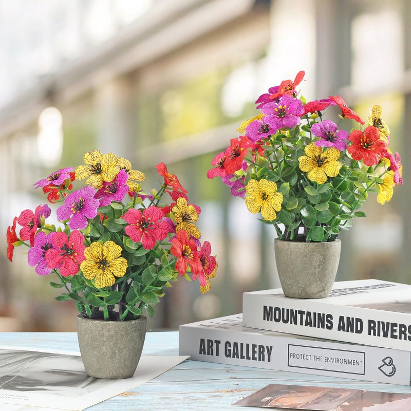 FAVOWREATH 2 Pack Small Fake Plants Potted Artificial Plants Artificial Flowers Potted Faux Flower Daisy with Eucalyptus Leaves for Home Decor Office Room Farmhouse Indoor Table Bathroom Decor ï¼ˆcolorfulï¼‰ - Image 2